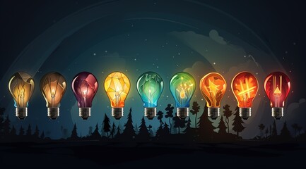 A set of pendant light bulbs with one luminous. Trendy flat vector light bulb icons with energy saving idea concept