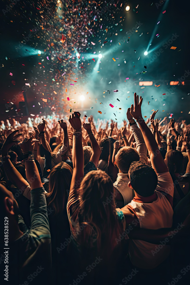 Wall mural excited audience watching confetti fireworks and having fun on music festival at night