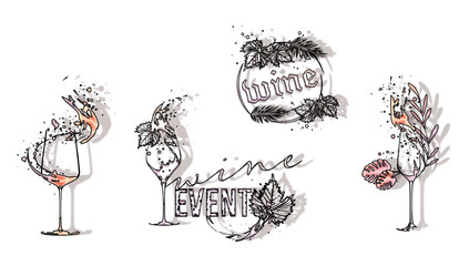 Colorful wine designs - Collection of wine glasses. Sketch vector illustration. Hand drawn elements for invitation cards, advertising banners and menus. Wine glasses with splashing wine. 