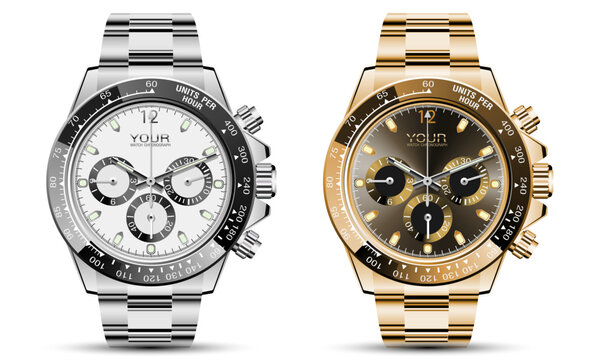 Realistic luxury clock watch chronograph silver gold collection on white background vector