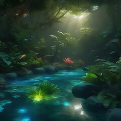 Fototapeta na wymiar A bioluminescent jungle filled with exotic flora and fauna that emit a soft, ethereal glow3
