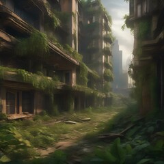 Post-apocalyptic depiction of nature reclaiming a ruined metropolis, with vines and greenery everywhere2