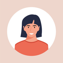 Circle the avatar with the portrait women of various races and hairstyles. Collection of user profiles. Round icon with happy smiling human. Colorful flat vector illustration.
