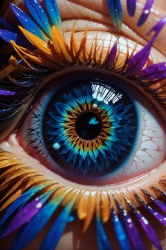 Creative, colorful, clear, clean, visionary, AI art with tiny bird feathers instead of eyelashes. graphic resource Category