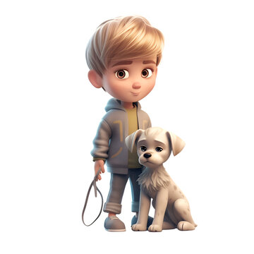 3D digital render of a cute little boy with a dog isolated on white background