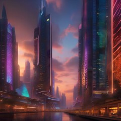 Vibrant cityscape at sunset, with futuristic skyscrapers and neon lights reflecting on the water4