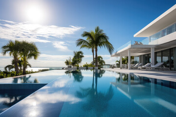 The beautiful infinity pool wraps around tbe corner of the villa
