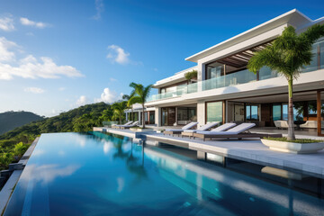 Fototapeta premium The beautiful infinity pool wraps around tbe corner of the villa