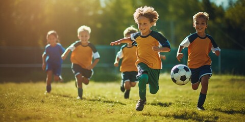 Football soccer training for kids, children football training scene, boys happily chasing the football on grass field.