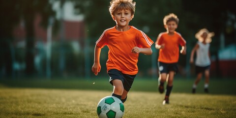 Football soccer training for kids, children football training scene, boys happily chasing the football on grass field.
