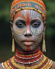 Portrait of an Afro woman with traditionally painted face and jewelry from an African tribe.