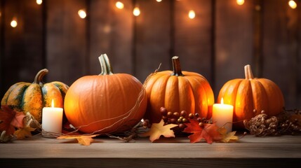 Autumn background with pumpkins, leaves and chestnuts