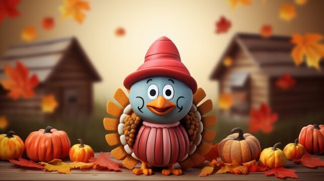 Funny turkey, autumn leaves, pumpkins on wooden background