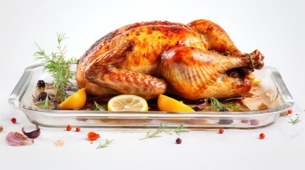 Roast chicken with rosemary and herbs on a plate isolated on white