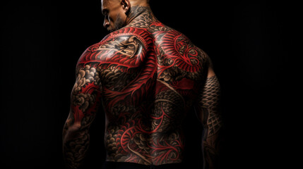 muscular man with tattoos on his back in black and red color in a dark room