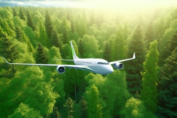 Eco-conscious plane flying over a green forest with hydrogen power. Generative AI