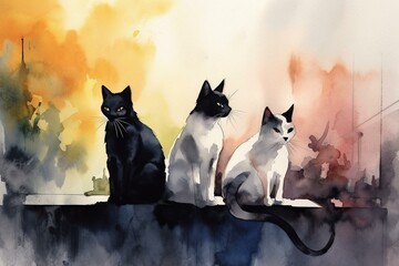 Three cats sitting on a wall, backs turned, in watercolor paint. Halloween vibes. Generative AI