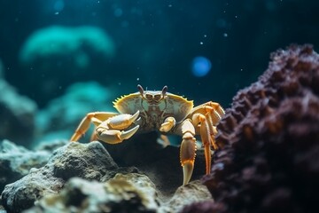 Closeup crab on coral reef with underwater sunlight. Generative AI