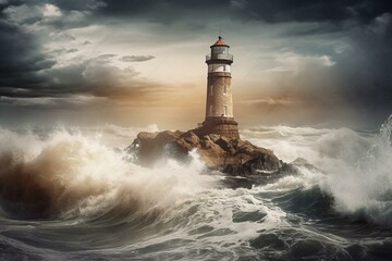 Fototapeta na wymiar Lighthouse amidst turbulent scenery, depicting climate crisis. Digital artwork. Generative AI