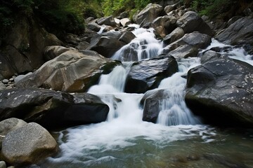 Naklejka na ściany i meble Waterfall cascades in Himalayan mountains of Himachal Pradesh, India. Generative AI