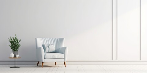 The interior has a armchair on empty white wall background, Generative AI 