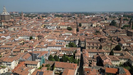Fototapeta na wymiar Europe, Italy , Pavia - Drone aerial view of Pavia City in Lombardy with Duomo cathedral church Santo Stefano e Santa Maria Assunta in downtown 