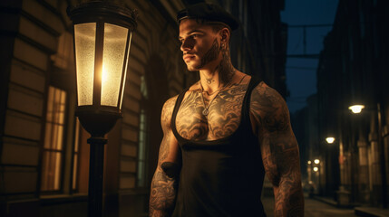 Tattooed handsome and charismatic man in a tank top, with tattoos all over, sporting a mustache and beard, on the street at night in front of a streetlamp