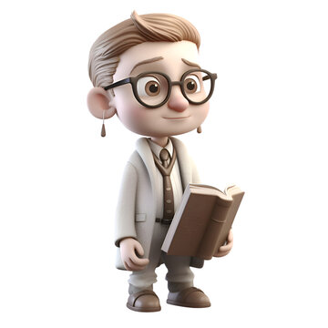 3D render of a cute boy with glasses and reading a book