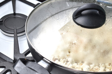 woman cooking popcorn at home to watch a movie