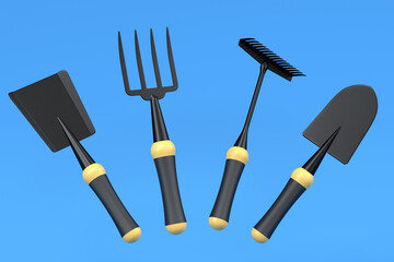 Garden shovel, pitchfork and rake on blue background, summer camping concept