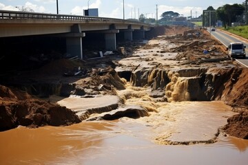 Floods washed away M4 freeway in Tongaat, Durban, South Africa causing damage. Generative AI