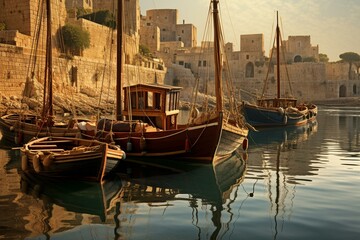 Fototapeta na wymiar Morning view of boats in a picturesque medieval port. Generative AI