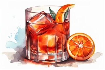 Artistic watercolor depiction of negroni cocktail featuring an orange slice against a clean white backdrop. Generative AI