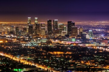 Fototapeta na wymiar Vibrant LA cityscape lit up at night. Generative AI