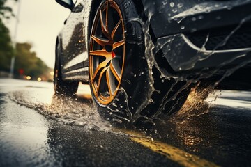 Rear car wheel in rain on wet road, experiencing aquaplaning. Traffic. Generative AI - obrazy, fototapety, plakaty