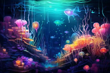 Colorful luminescent underwater environment featuring coral, jellyfish, seaweed, and bubbles. Generative AI