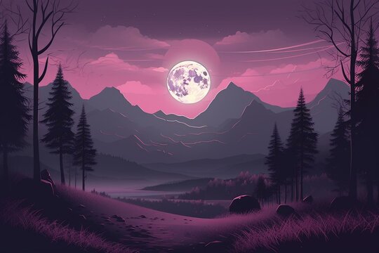 Purple Aesthetic Wallpaper Featuring A Night Landscape With A Forest, Mountains, And A Moon. Generative AI