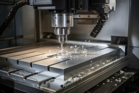 Cutting metal parts with accuracy using advanced CNC machine in a contemporary factory. Generative AI