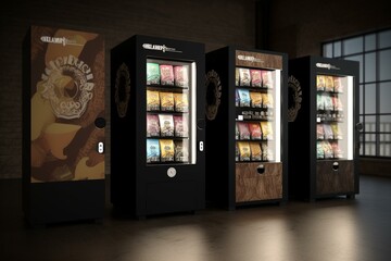 A mockup of vending machines for adding new graphic design labels and packaging solutions, assisting vendors in promoting their company. Generative AI - obrazy, fototapety, plakaty