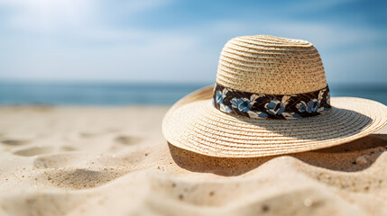 Close-up shot of a sun hat and sunglasses on a sandy beach