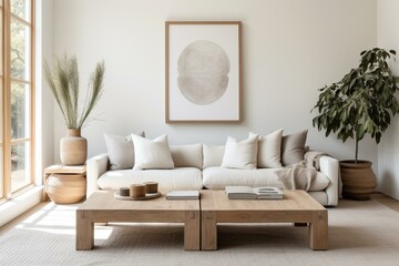 Minimalist living room with neutral tones, wooden elements, cozy textiles, farmhouse accents, and ample natural light. Generative AI - obrazy, fototapety, plakaty