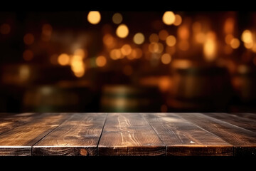 Empty wooden table and blurred background of bar with bokeh lights - obrazy, fototapety, plakaty