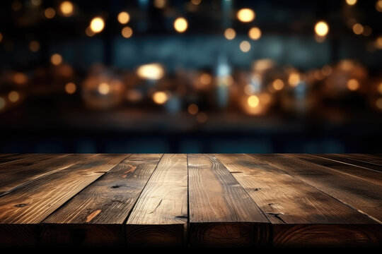 Empty wooden table and blurred background of bar with bokeh lights