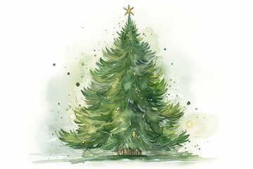 Holiday-themed watercolor illustration of a gorgeously adorned green Christmas tree, standing alone. The tree symbolizes Christmas festivities and joy. Generative AI