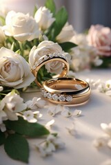 Obraz na płótnie Canvas photo two wedding rings lie on a wedding bouquet
