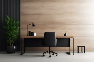 A modern office featuring a white wall for advertisements, furnished with a stylish wooden desk and a black chair. Includes a 3D mockup. Generative AI