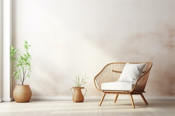 Mock-up of a Scandinavian living room with a rattan armchair and wooden table against a bright backdrop. Generative AI