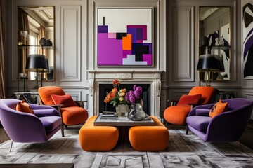 Living room with violet and orange armchairs. Generative AI