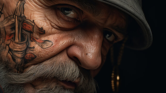 Fototapeta close up of the face of an old man with a tattoo on his face with a mustache and wrinkles
