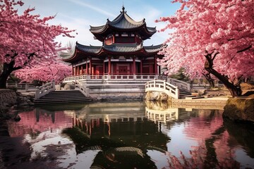 Traditional Chinese architecture surrounded by blooming cherry blossoms. Generative AI